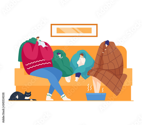 Care about flu fever at home, sick health, vector illustration. Ill family cartoon man woman have cold influenza, treatment at sofa. Mother, kids and father character wtih virus on couch.