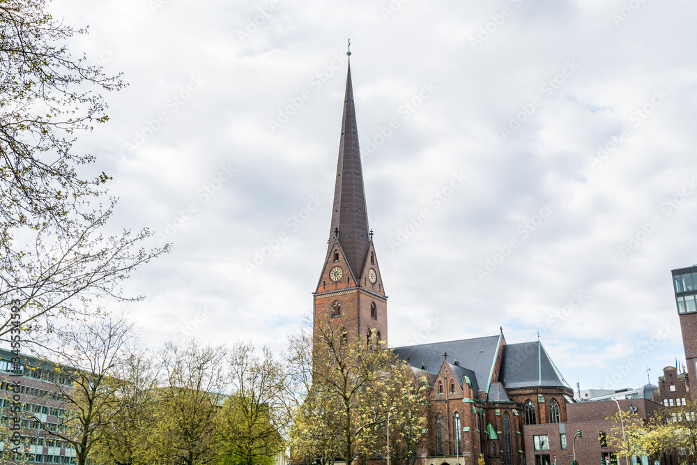  Clock tower of St. Peter's Church in Hamburg, a Protestant cathedral since the Reformation and its congregation forms part of the Evangelical Lutheran Church in Northern Germany