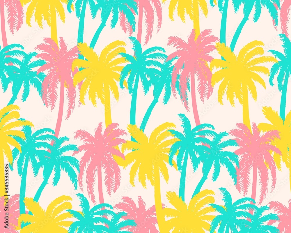 Seamless pattern with colorful palm trees. Summer background.Vector