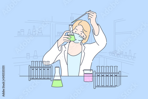 Science, chemistry, experiment concept. Young happy woman scholar medical worker makes chemical reaction with reagents in laboratory. Scientific test academic research or vaccine creation illustration