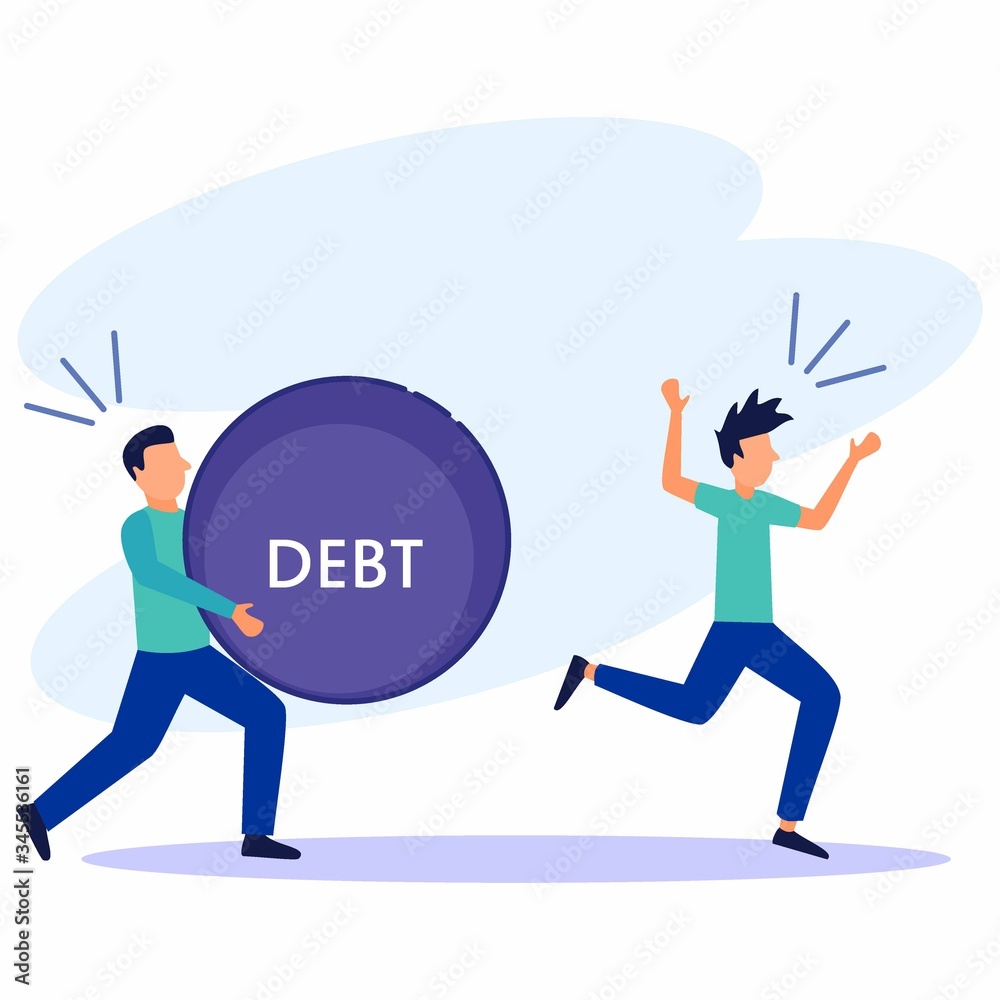 A man tries to run from a huge debt by a collector. The concept of credit slavery. Vector illustration of flat style. A man tries to run from a huge debt by a collector. The concept of credit slavery. Vector illustration of flat style.