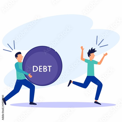 A man tries to run from a huge debt by a collector. The concept of credit slavery. Vector illustration of flat style.