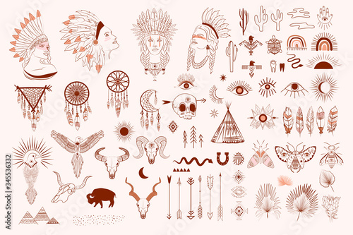 Collection of boho and tribal elements, woman face portrait, dreamcatcher, birds, animals skull, esoteric elements, insect and plants. Minimalist objects one line style. Editable Vector Illustration.