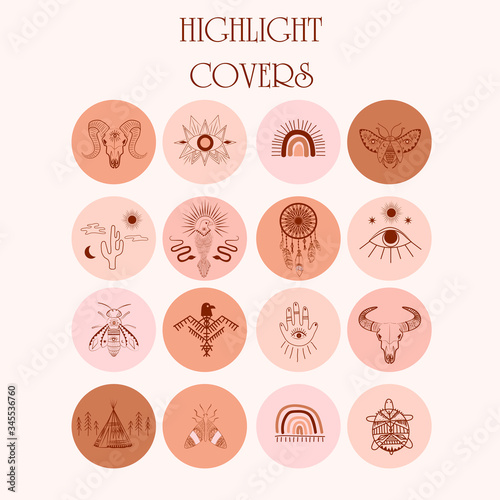 Collection of highlight covers with boho and tribal elements, dreamcatcher, birds, animals skull, esoteric elements, insect and plants. Minimalist objects one line style. Editable Vector Illustration.