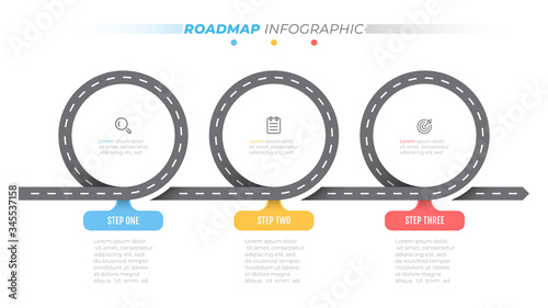Road map infographic template. Timeline with 3 steps, options. Business concept design label and icons. Vector illustration.