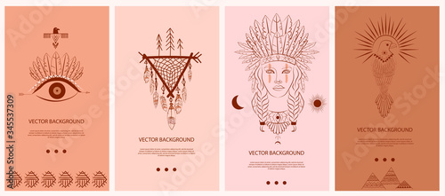 Collection vertical template for networking and social media. Boho and Tribal elements, woman face portrait, dreamcatcher, birds, buffalo skull, esoteric elements, insect, plants. Vector Illustration.