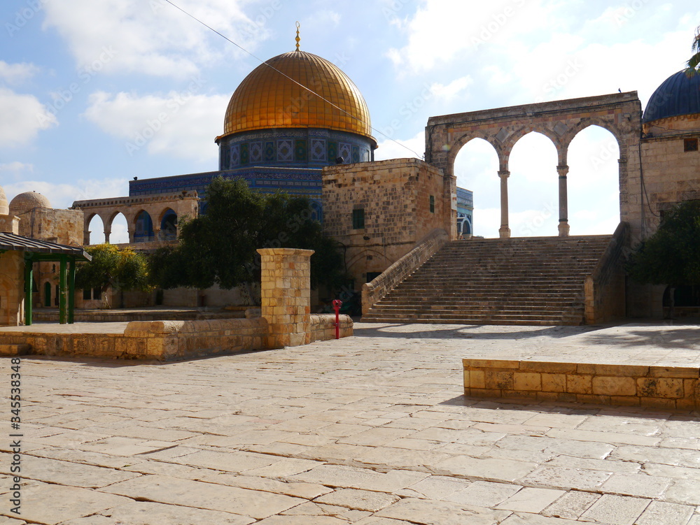 panoramic view on the iconic Dome of the Rock with stone gate, Jerusalem, Israel, Near East