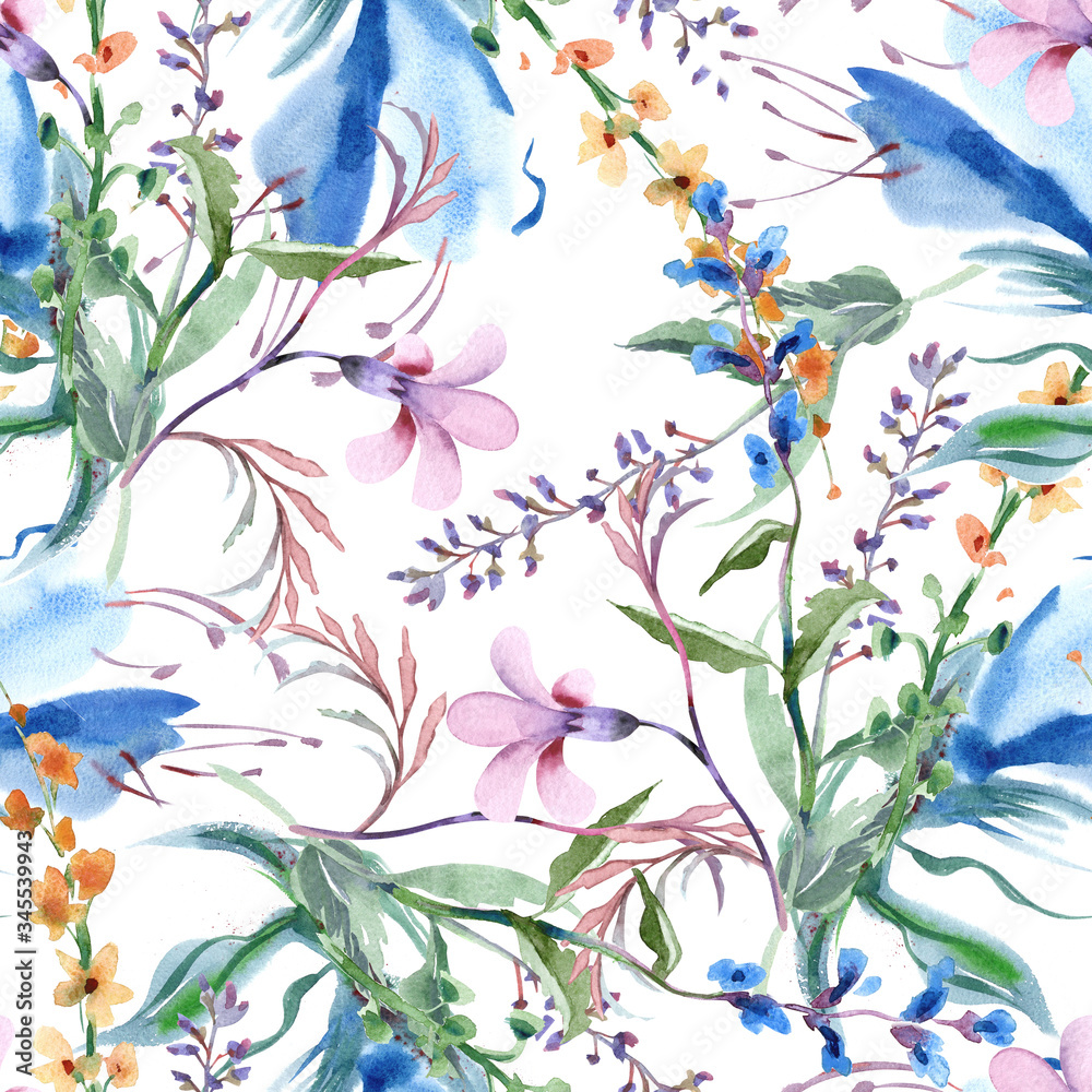 Field Flowers Seamless Pattern. Watercolor Illustration.