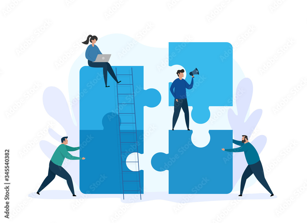 Vector illustration for teamwork concept and business solution. Group people working together with giant puzzle elements. Business metaphor.