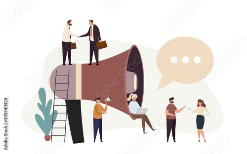 Public relations and business promotion concept. Advertisement marketing. Social media promotion. Team with huge megaphone. Flat vector illustration isolated on white background.