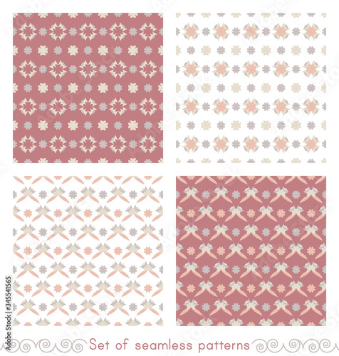 Set of seamless patterns with little abstract hearts. Pink red color, white, grey, orange and ivory cream. Vector.