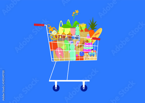 Supermarket shopping cart filled with purchases .  Flat vector design isolated on blue background.