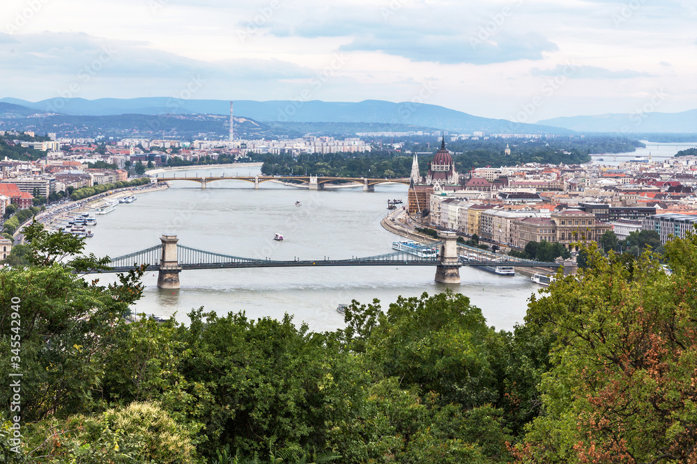 Top view of Budapest, Danube river and bridges. Budapest, Hungary