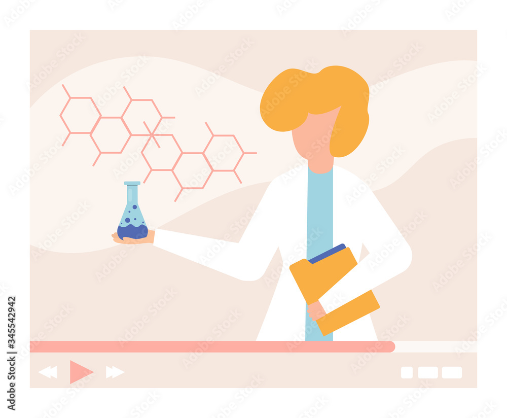 Chemistry video tutorial in internet, chemical experiment vector illustration. Study science online, scientist hold flask with reagent. Scientific research video blog, online education.