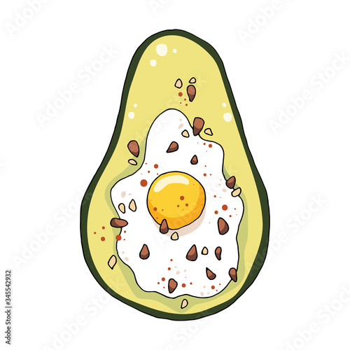 Healthy breakfast, avocado with egg. Hand drawn food illustration.