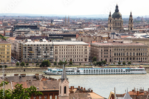 Panoramic view of Budapest, the Danube River and the ship at the pier. Budapest, Hungary