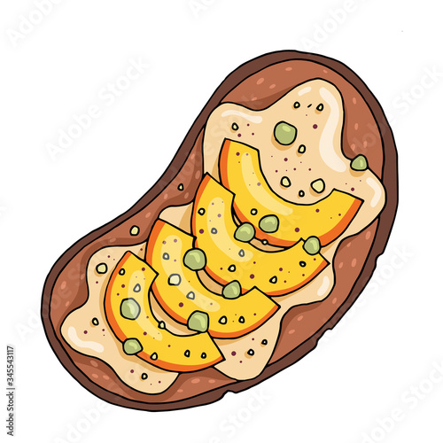 Healthy breakfast, fruit sandwich. Hand drawn food illustration.