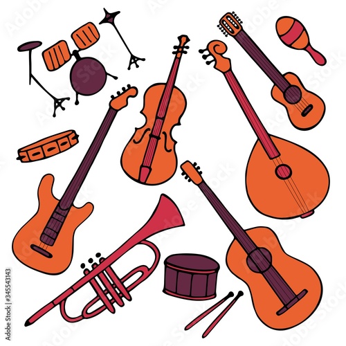 Hand-drawn musical instruments set. Doodle elements guitar, electric guitar, ukulele, trumpet, maracas, domra, violin. Vector