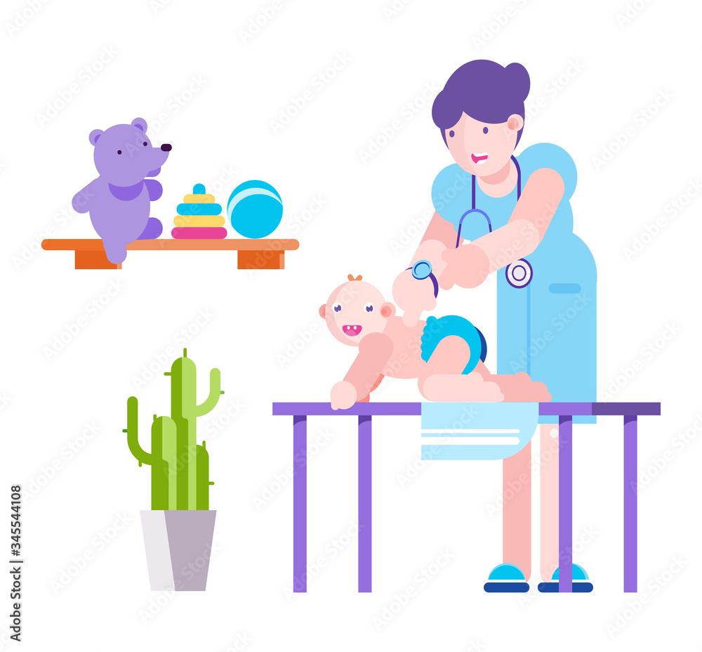 Baby examination, pediatrician doctor at hospital vector illustration. Child patient flat character medical check up on couch, pediatric health treatment. Woman cartoon physician with stethoscope. Baby examination, pediatrician doctor at hospital vector illustration. Child patient flat character medical check up on couch, pediatric health treatment. Woman cartoon physician with stethoscope.