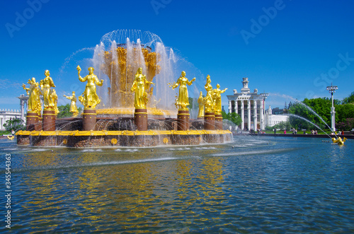 MOSCOW, RUSSIA - May, 2019: People’s Friendship fountain at Exhibition Center in spring day
