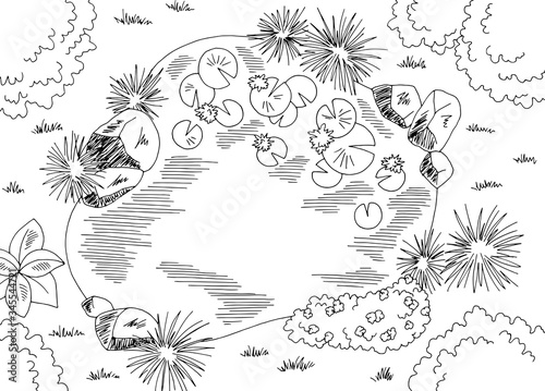 Pond aerial top view from above graphic black white landscape sketch illustration vector
