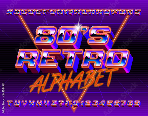 80s Retro alphabet font. 3D retro letters and numbers. Stock vector typescript in 80s style for your typography design.
