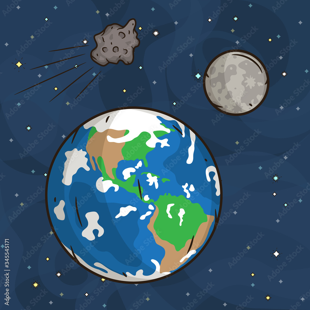 Illustration of the Earth with the Moon and asteroid. Illustration of the Earth with the Moon and asteroid.
