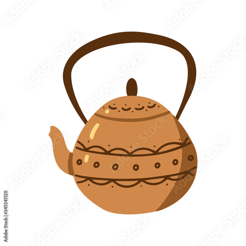 Matcha green wooden tea pot. Matcha herbal green tea vector illustration isolated on white background.