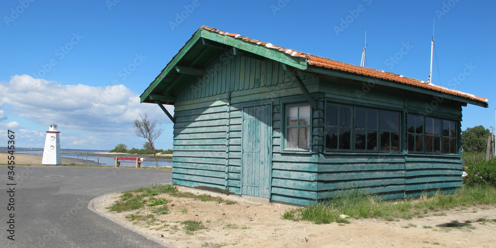 wooden green fishing oyster house in Gujan-Mestras port in the Bay of Arcachon basin in france