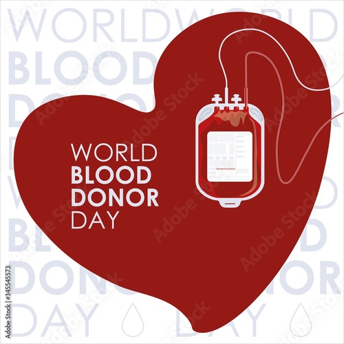 World blood donor day. Words and a donor bag with tubes and a label. The contour that forms the heart. Postcard, banner. Vector design. Colors red, black.