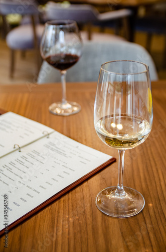 Two wine glasses in restaurant