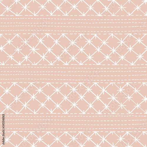 Crewel Embroidery Lace Needlework Vector Seamless Pattern. Hand Drawn Traditional Jacobean Sewing Stitches Print. Classic English Craft Linen Background for Fashion, Textiles, Home Decor