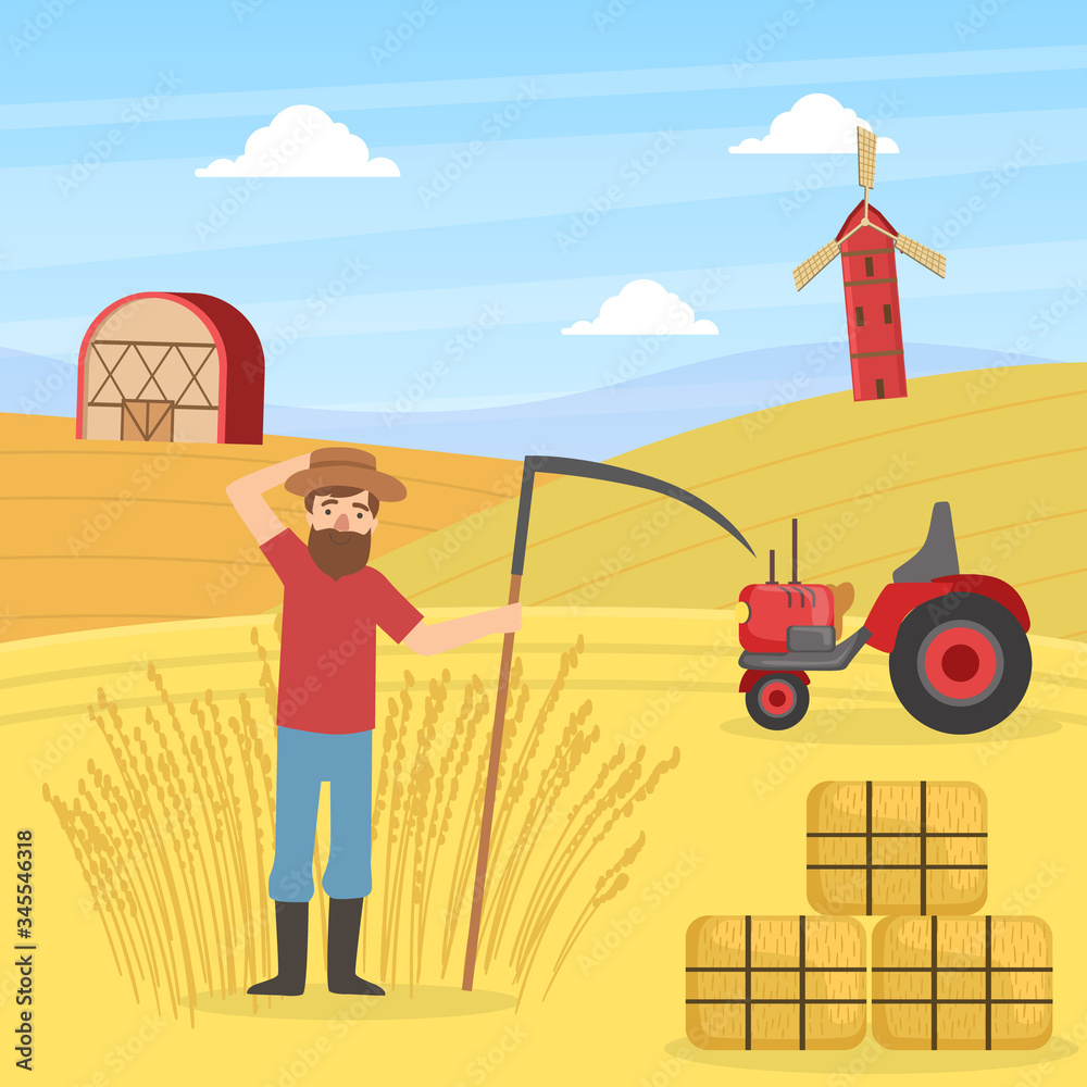 Fototapeta premium Farmer Mowing Grass with Scythe, Agricultural Worker Working at Farm, Autumn Rural Landscape Vector illustration