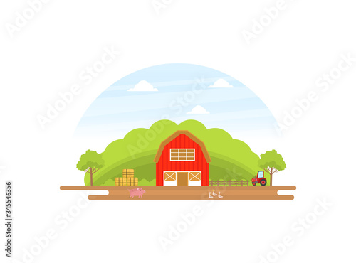 Agriculture and Farming, Summer Rural Landscape with Red Barn, Tractor and Livestock Vector illustration