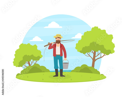 Fisherman Standing with Bucket and Fishing Rod on Background of Summer Rural Landscape Vector Illustration
