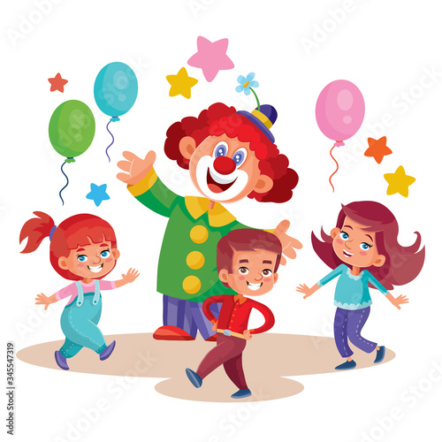 childrens holiday with clown children with balloons, isolated object on a white background, vector illustration,
