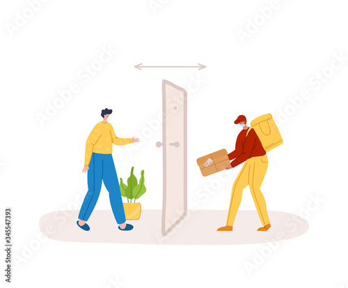 Safe delivery concept - contactless delivery of products or parcels to home to front door, express courier service with safe distance for quarantine - flat cartoon vector. Courier in mask and client