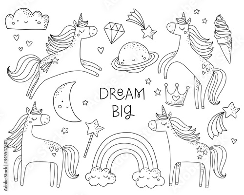 Cute unicorns coloring page. Cartoon unicorns and magical elements in black and white outlines. Vector illustration for girl birthday party, nursery posters.