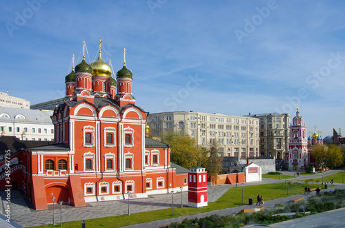 MOSCOW, RUSSIA - October, 2019: View on Cathedral of the icon of the Mother of God Sign of the former Znamensky monastery