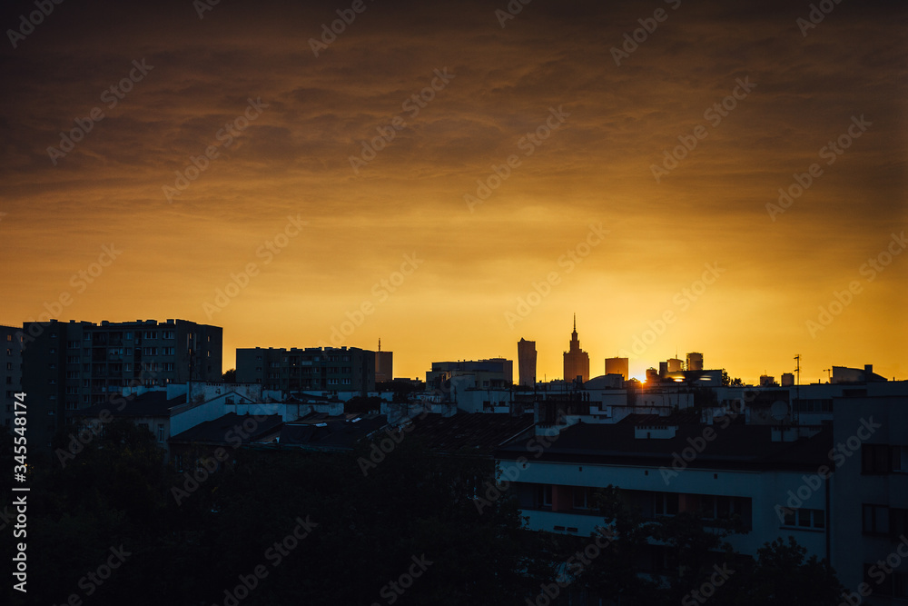 Warsaw, Poland - 08 13 2016: Skyline of Warsaw in the sunset