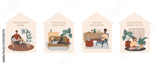 Set of people work and study at cozy apartments during quarantine, at desk, on bed, in comfortable armchair or on the carpet. Stay home stay safe, online education. Vector illustration, flat style. 