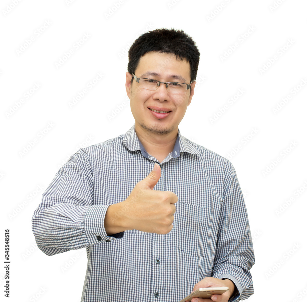 Young man businessman thumbs up sign on white background Young man businessman thumbs up sign on white background