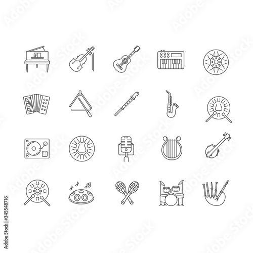 Classical musical instrument pixel perfect linear icons set. Live band concert. Play jazz and blues song. Customizable thin line contour symbols. Isolated vector outline illustrations. Editable stroke