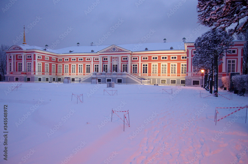 MOSCOW, RUSSIA - Yanuary, 2020: Winter evening view of the Kuskovo estate