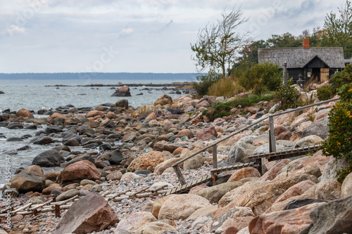 Wooden gangway on the shore of Baltic sea in Viimsi, Estonia photo