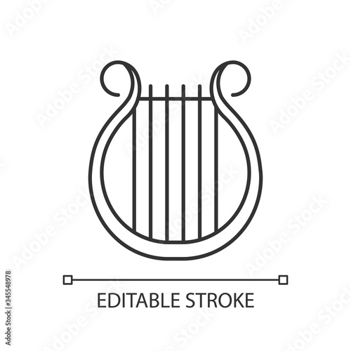Lyra pixel perfect linear icon. Classical music. Orchestra musical instrument. Opera performance. Thin line customizable illustration. Contour symbol. Vector isolated outline drawing. Editable stroke