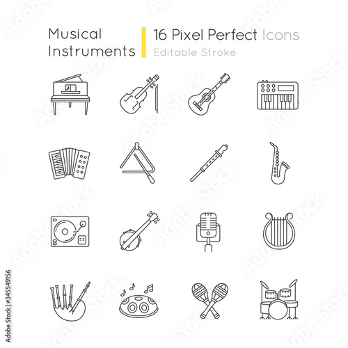 Orchestral instrument pixel perfect linear icons set. Live classical music concert. Band performance. Customizable thin line contour symbols. Isolated vector outline illustrations. Editable stroke
