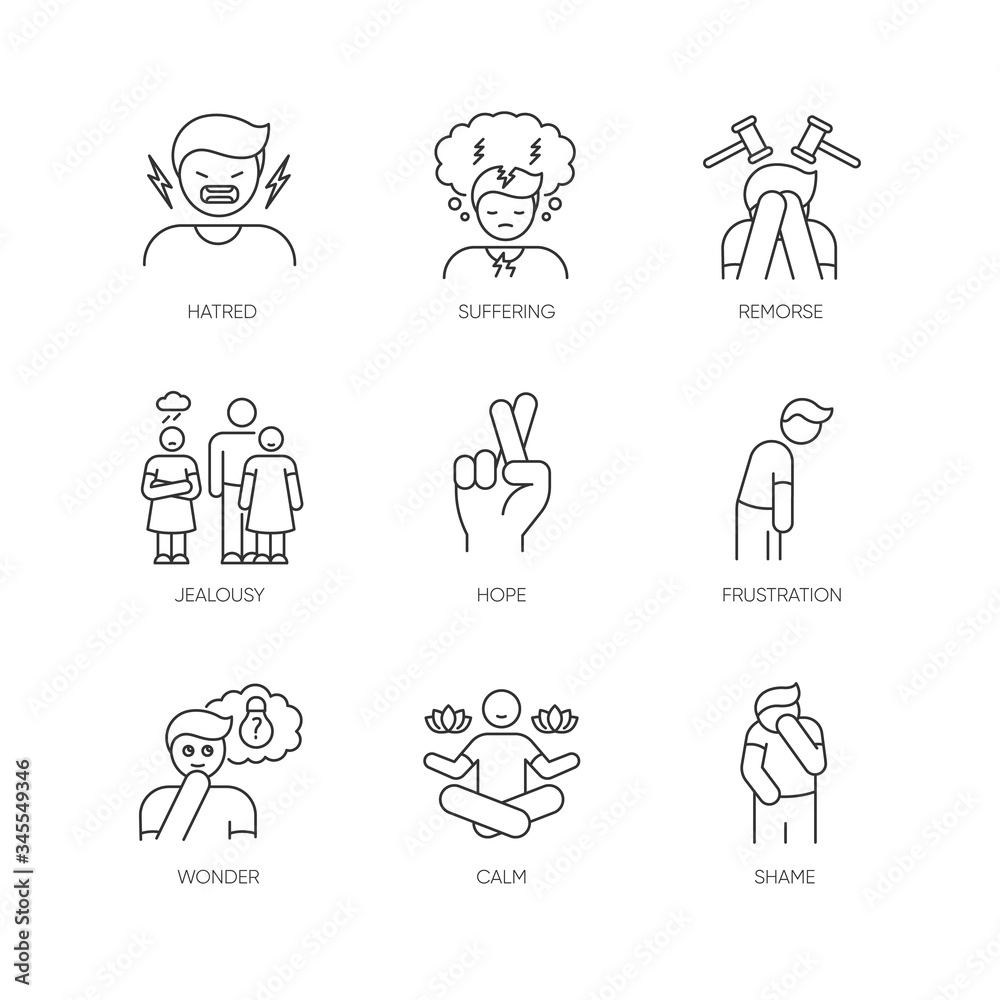 Feeling pixel perfect linear icons set. Social and moral emotion. Psychological disorder treatment. Customizable thin line contour symbols. Isolated vector outline illustrations. Editable stroke