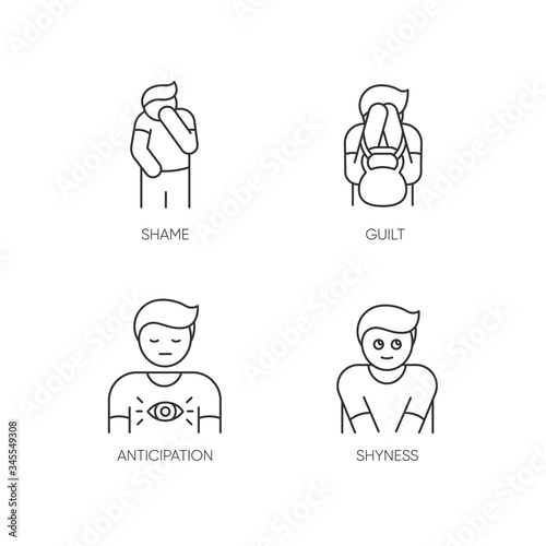 Human behaviour pixel perfect linear icons set. Feeling of shame. Social emotion of guilt. Customizable thin line contour symbols. Isolated vector outline illustrations. Editable stroke