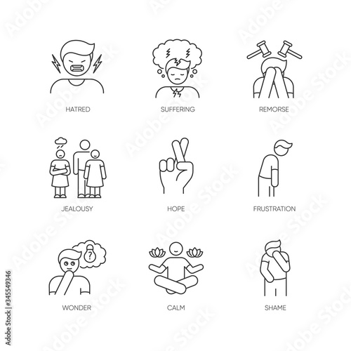 Feeling pixel perfect linear icons set. Social and moral emotion. Psychological disorder treatment. Customizable thin line contour symbols. Isolated vector outline illustrations. Editable stroke